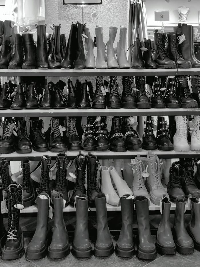 Collection of various boots displayed in a clothing store in Amsterdam.
