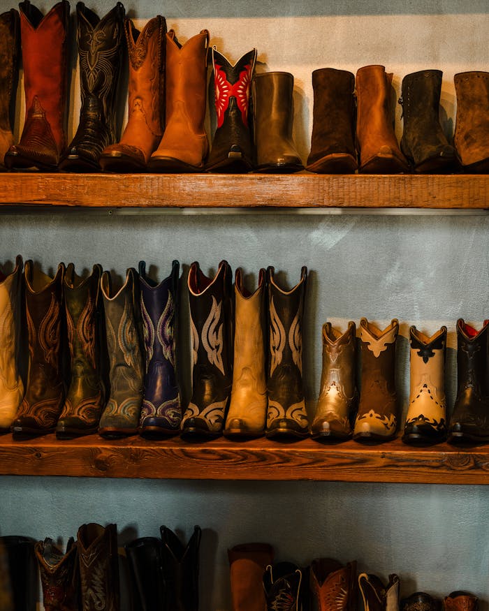 A display of assorted cowboy boots on wooden shelves in a shop.